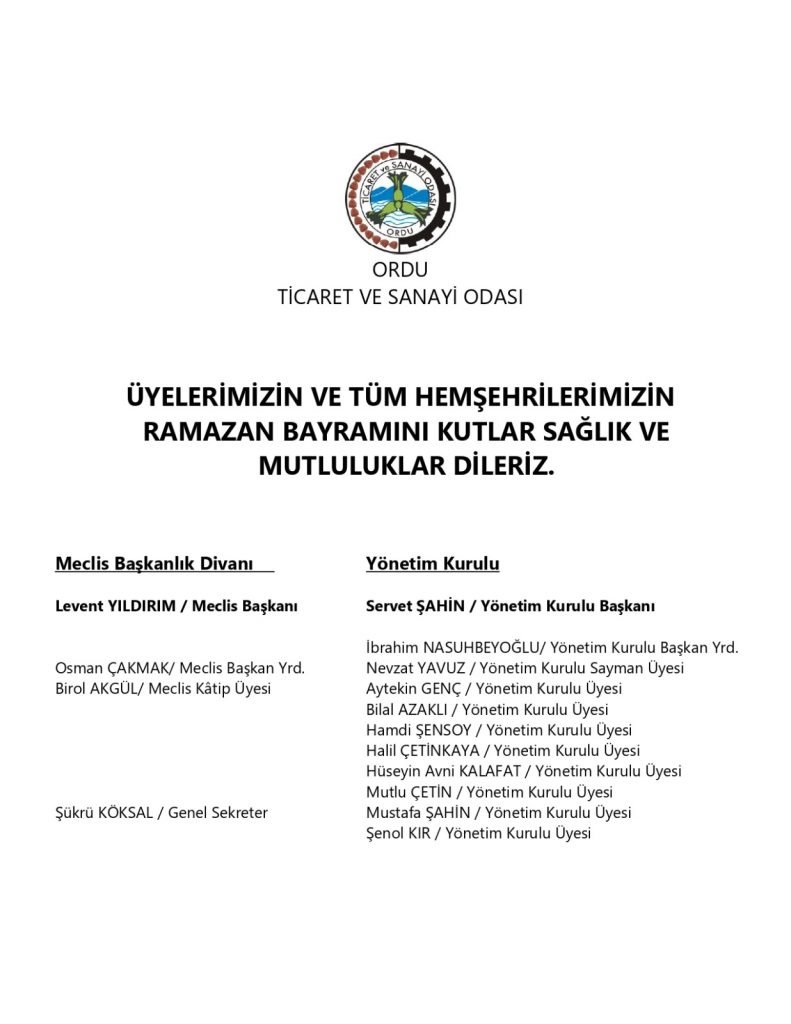 Ordu Ticaret ve Sanayi Odası Bayram Mesajı