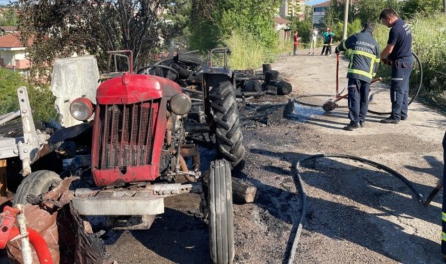 Karabük'te çıkan yangında park halindeki traktör kullanılamaz hale geldi